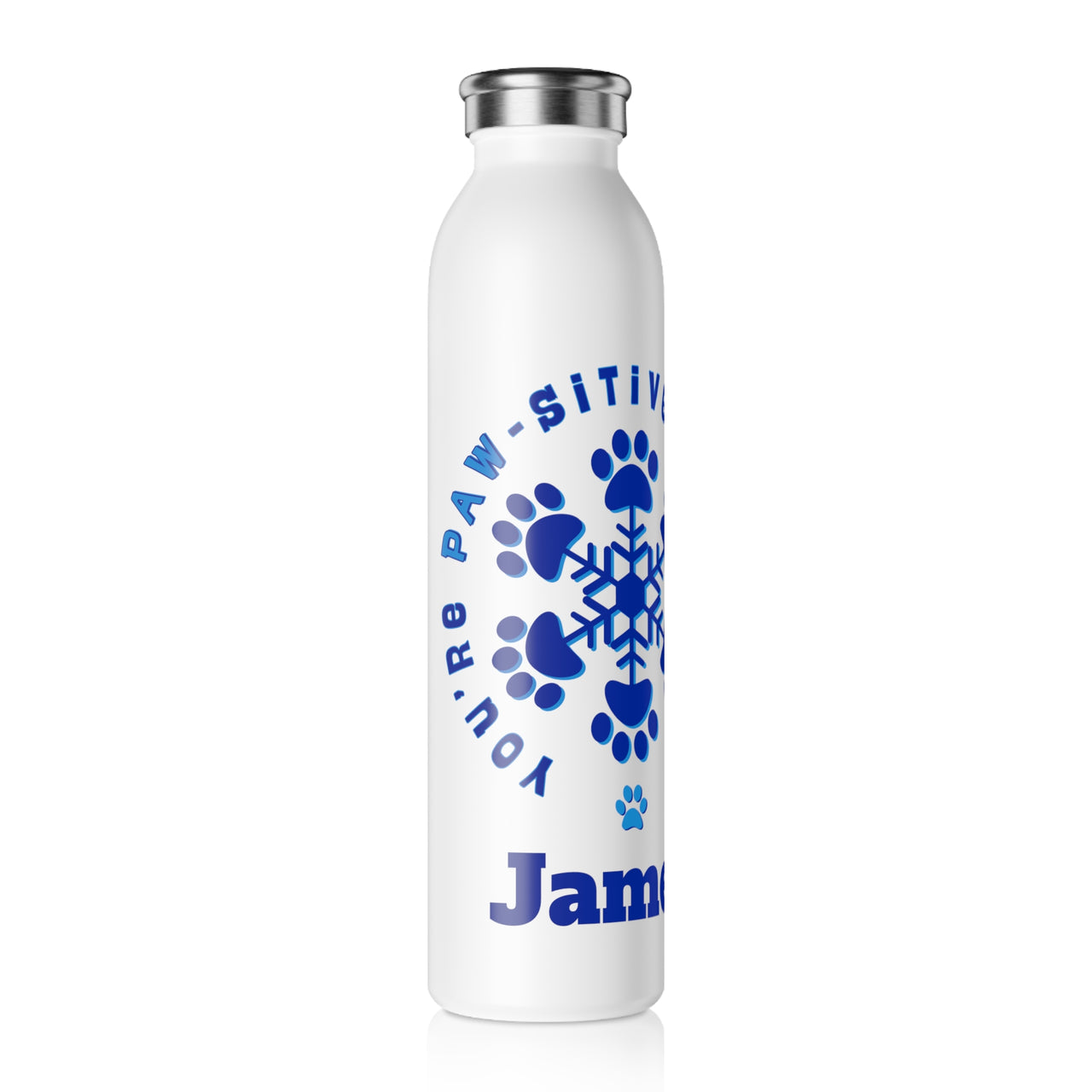 Personalized "PAW-sitively Awesome" Slim Water Bottle, Custom Paw Print Snowflake Stainless Drinkware, Appreciation Christmas Holiday Gift