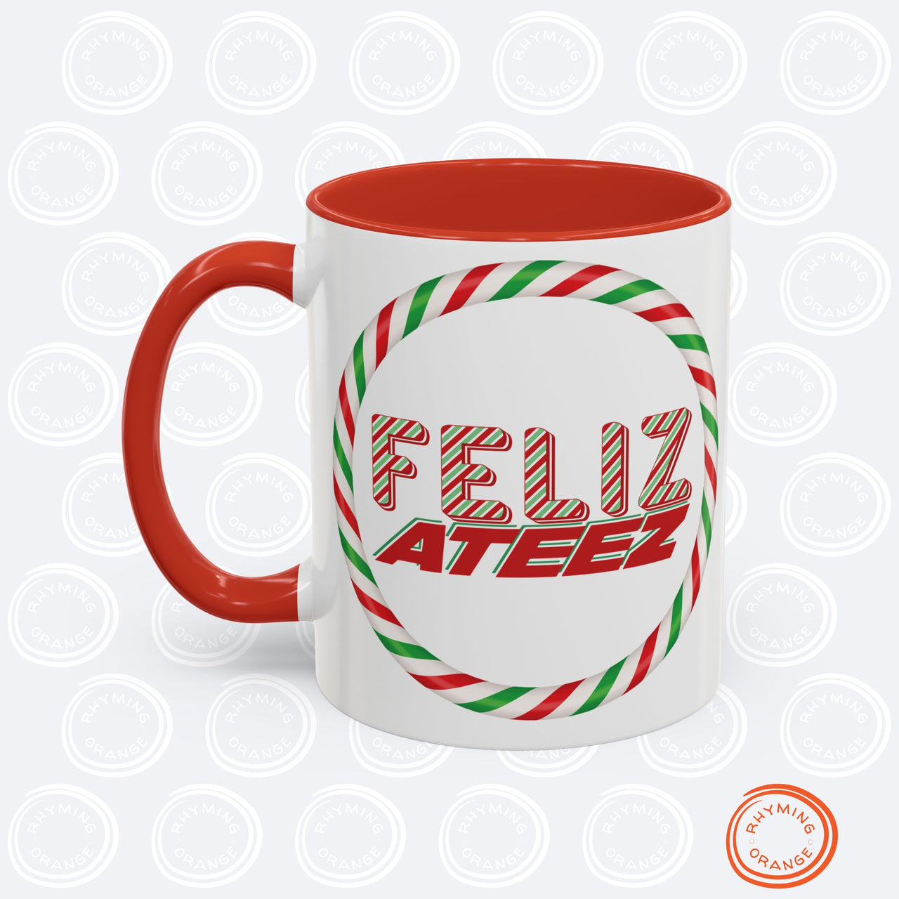 Personalized Ateez Holiday Coffee Mug, Custom "Feliz Ateez" Ceramic Red Accent Tea Mug 11, and 15oz options, KPop Christmas Atiny Fan Merch