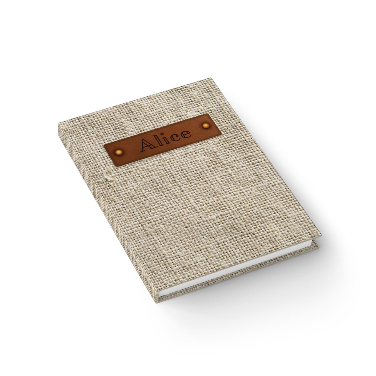 Natural Linen and Leather Name Plate All-Over-Print Hardcover Journal, Matte with Lined or Blank Pages, Luxury Printed Cover