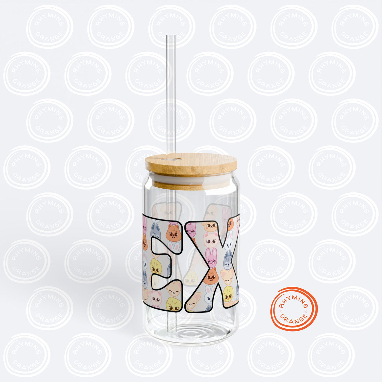 Custom Stray Kids SKZoo Letters Sipper Glass, SKZ 16oz Covered Glass with Bamboo Lid and Straw, StrayKids KPop Merch Bbokari BangChan Leebit