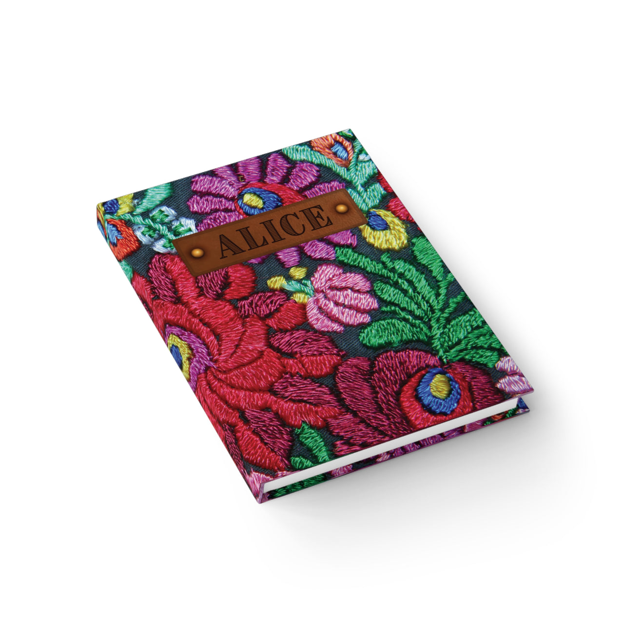 Bright Floral Embroidery and Leather Name Plate All-Over-Print Hardcover Journal, Matte with Lined or Blank Pages, Luxury Look Printed Cover