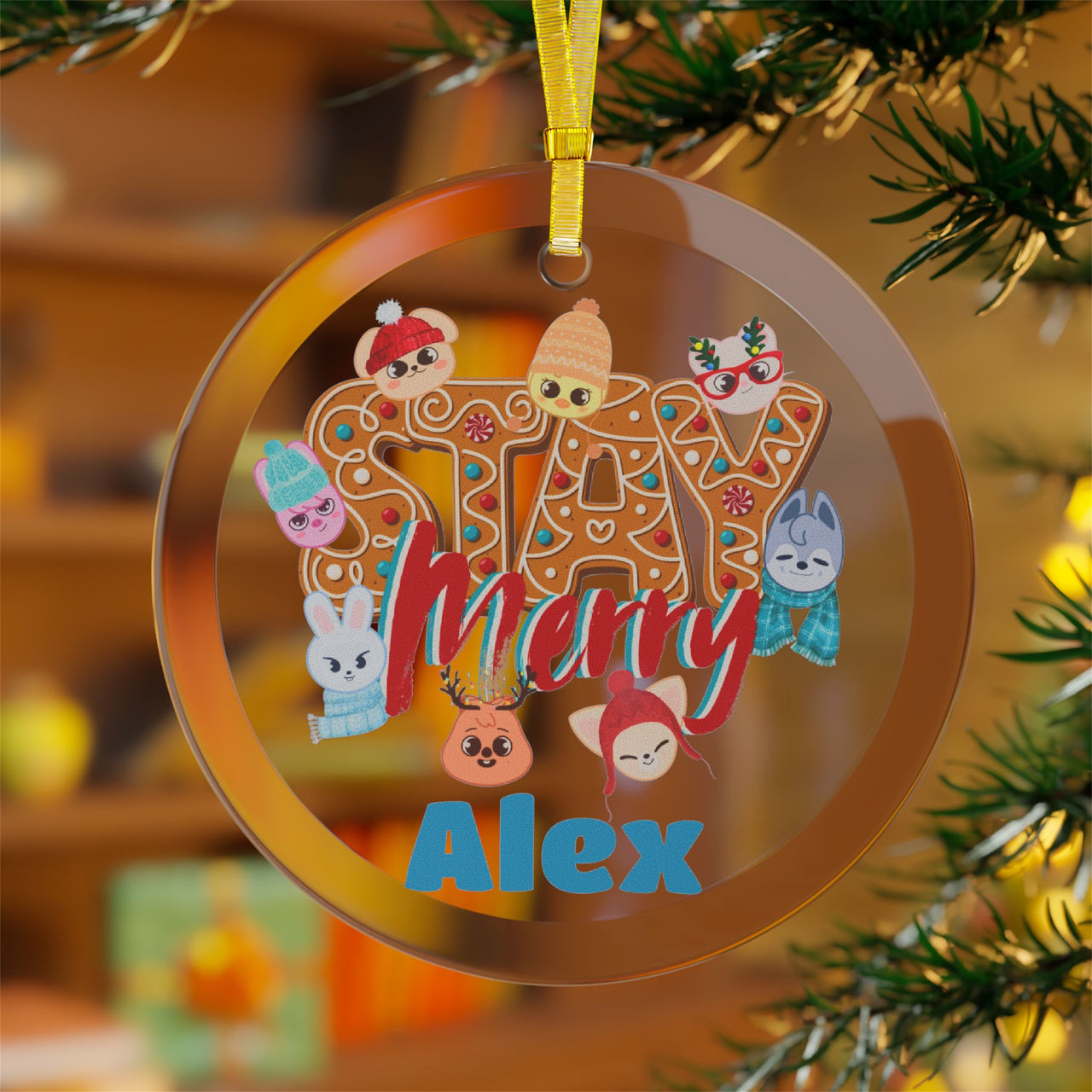 Personalized Stray Kids SKZoo Glass Ornament, Custom SKZ "STAY Merry" Holiday Merch, StrayKids Bbokari Christmas Tree Ornament Home Decor