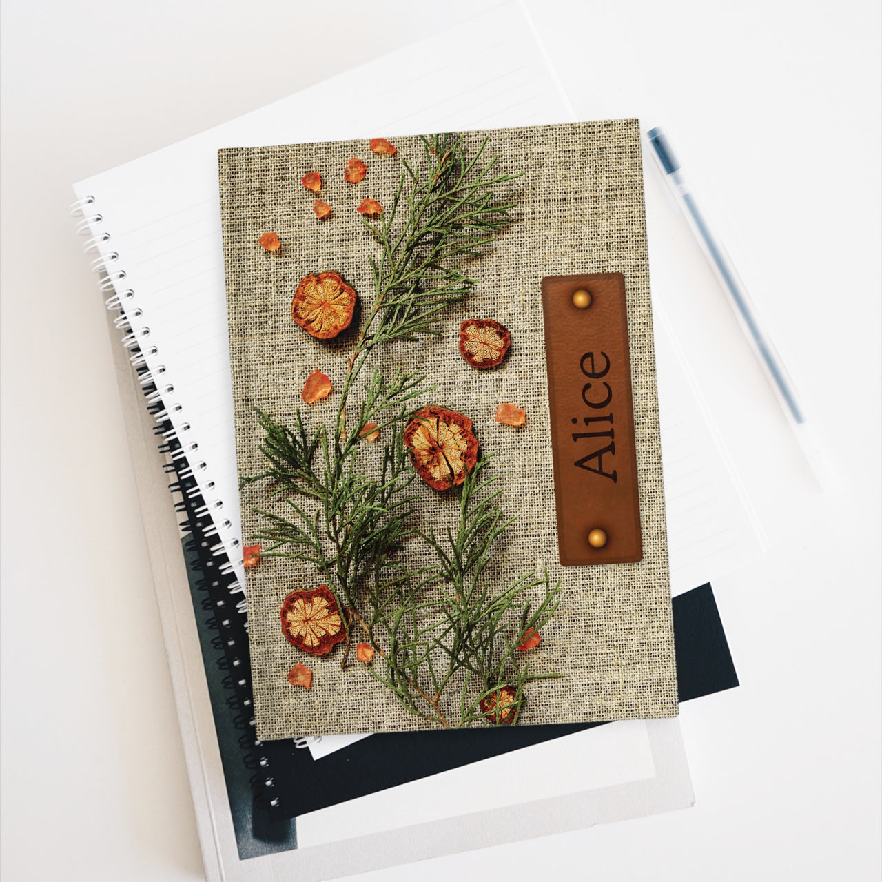 Wildflower Embroidery and Leather Name Plate All-Over-Print Hardcover Journal, Matte with Lined or Blank Pages, Luxury Look Printed Cover