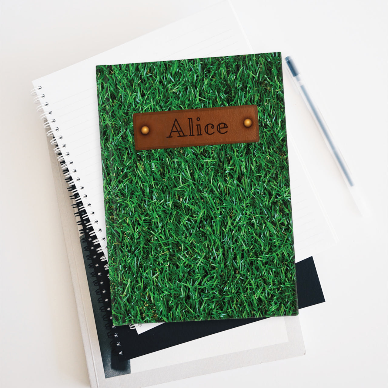 Grass and Leather Name Plate All-Over-Print Hardcover Journal, Matte with Lined or Blank Pages, Luxury Printed Cover