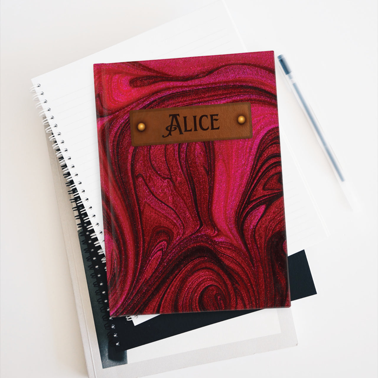 Scarlet and Leather Name Plate All-Over-Print Hardcover Journal, Matte with Lined or Blank Pages, Luxury Gothic Printed Cover