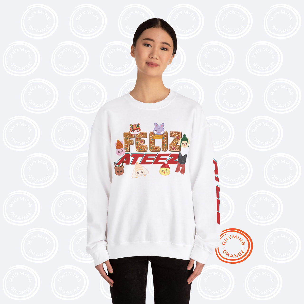 Aniteez "Feliz Ateez" Holiday Sweatshirt, Ateez Gingerbread Sleeve Print Christmas Sweatshirt