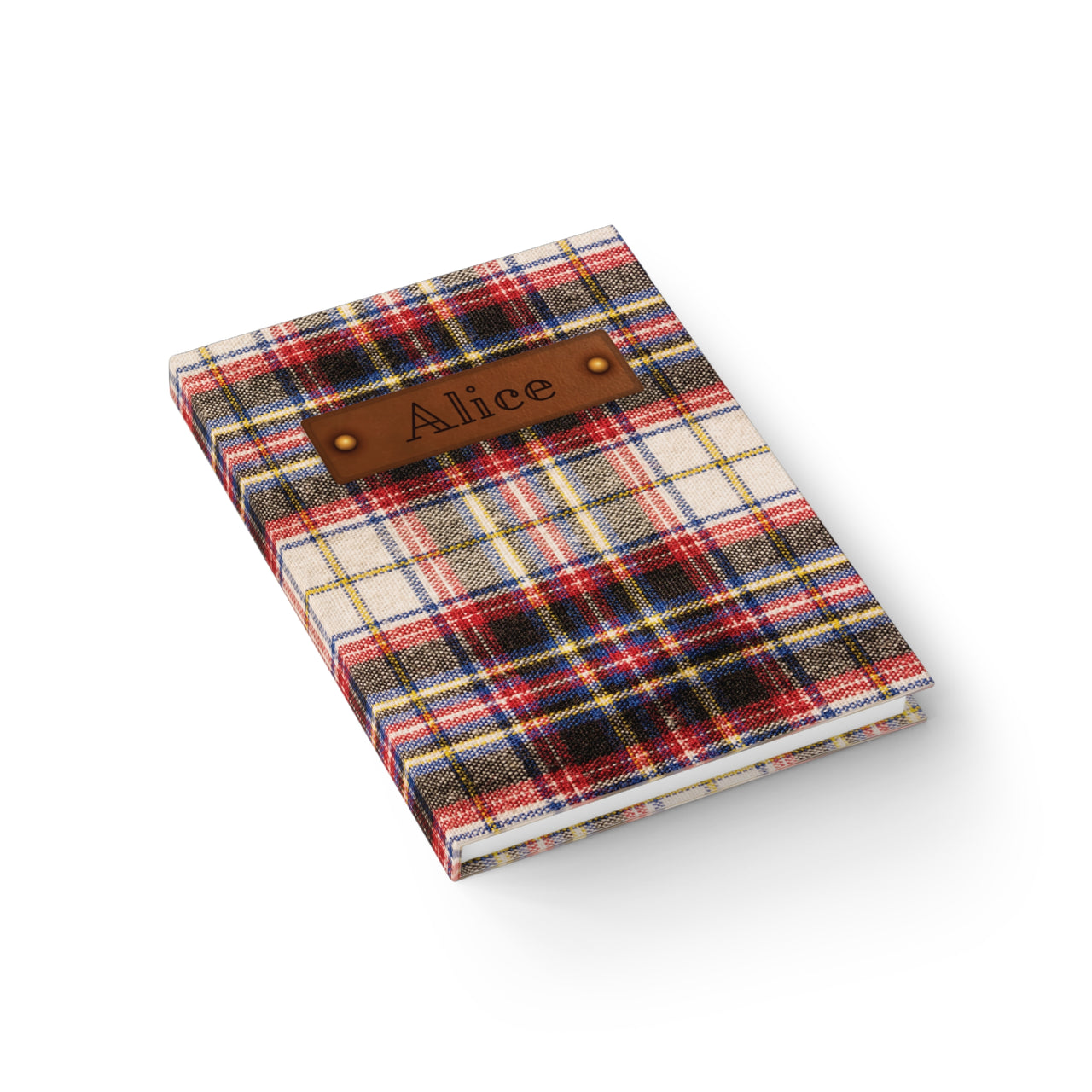 Wool Plaid and Leather Name Plate All-Over-Print Hardcover Journal, Matte with Lined or Blank Pages, Luxury Printed Cover