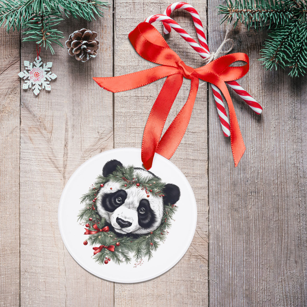 PERSONALIZED Santa Panda Acrylic Ornament with Ribbon