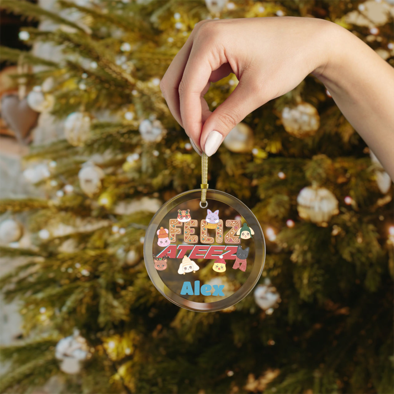 Personalized Ateez Glass Ornament, Custom Aniteez "Feliz Ateez" Holiday Christmas Tree Ornament