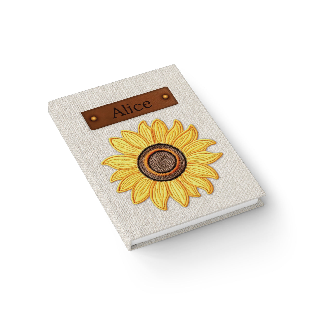 Sunflower Embroidery and Leather Name Plate All-Over-Print Hardcover Journal, Matte with Lined or Blank Pages, Luxury Look Printed Cover