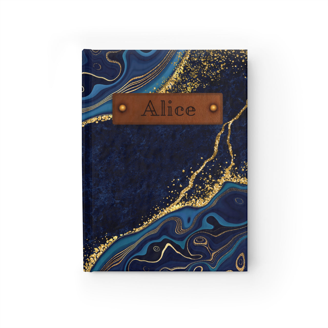 Blue Agate and Leather Name Plate All-Over-Print Hardcover Journal, Matte with Lined or Blank Pages, Luxury Look Printed Cover