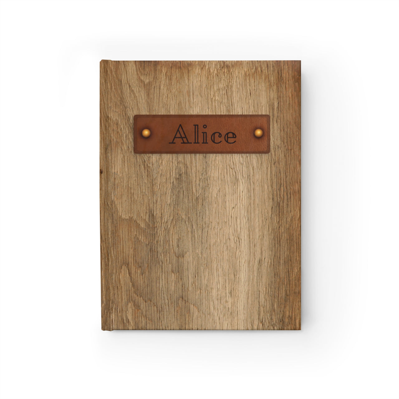 Wood and Leather Name Plate All-Over-Print Hardcover Journal Matte with Lined or Blank Pages, Luxury Look Printed Cover