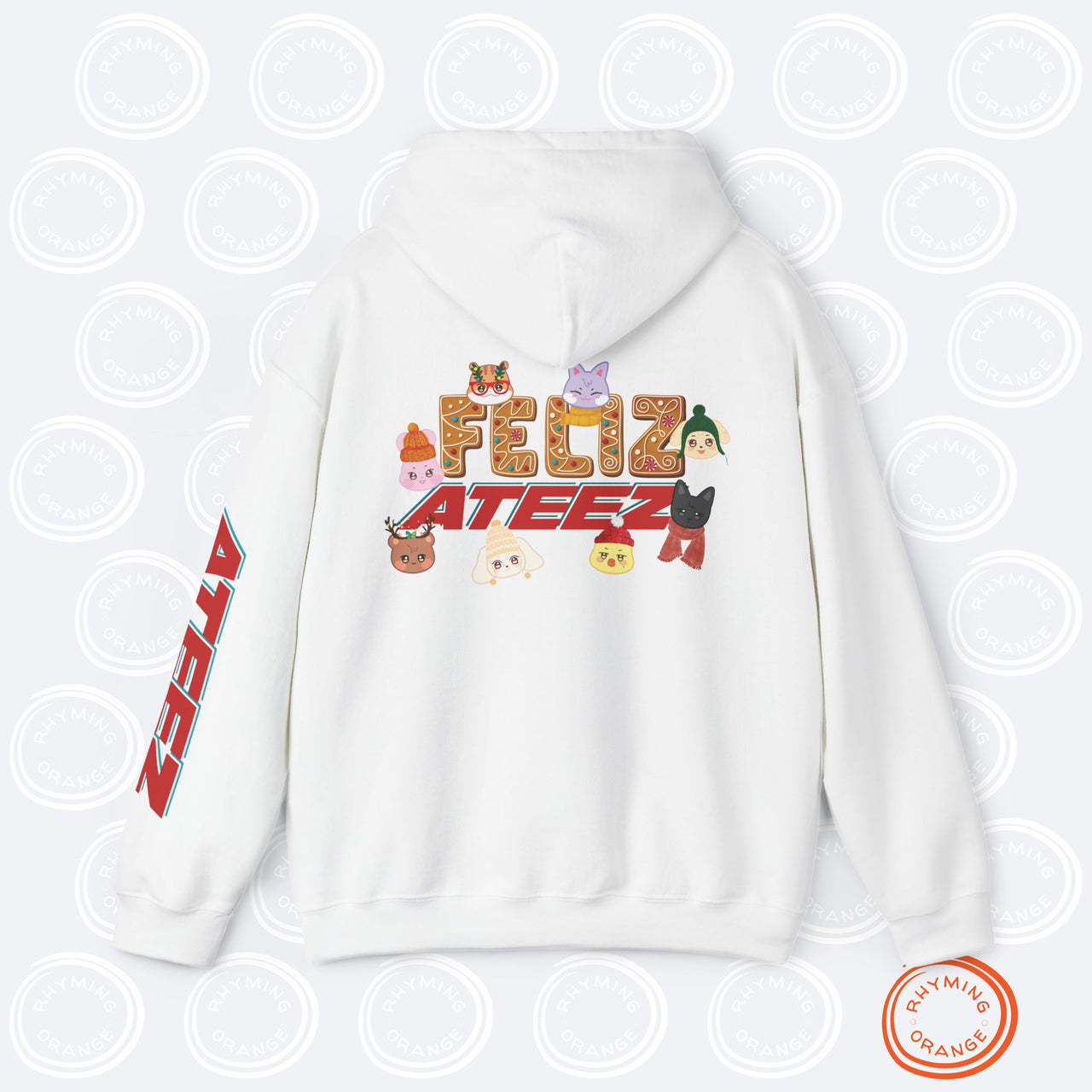 Personalized Aniteez "Feliz Ateez" Holiday Hoodie, Ateez Gingerbread Christmas Hooded Sweatshirt