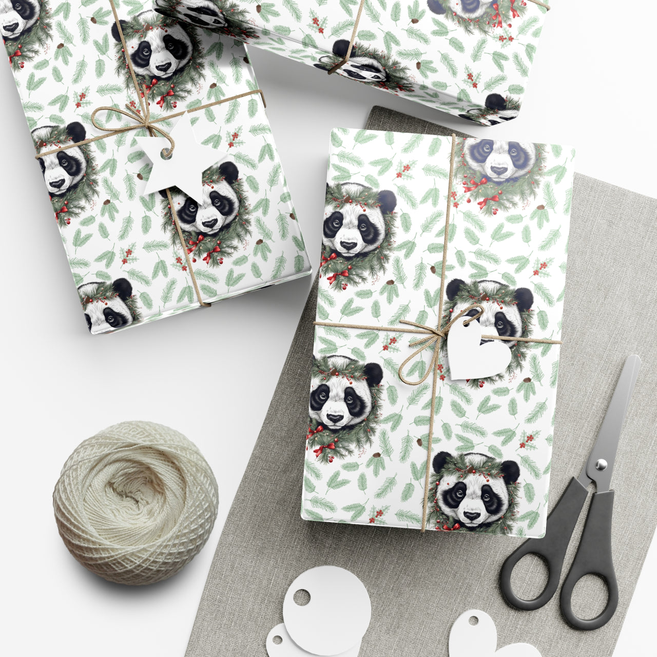 Pandas and Pines Vintage Gift Wrapping Paper, Panda Bear Holiday Gift Wrap, Christmas Jungle Print Paper