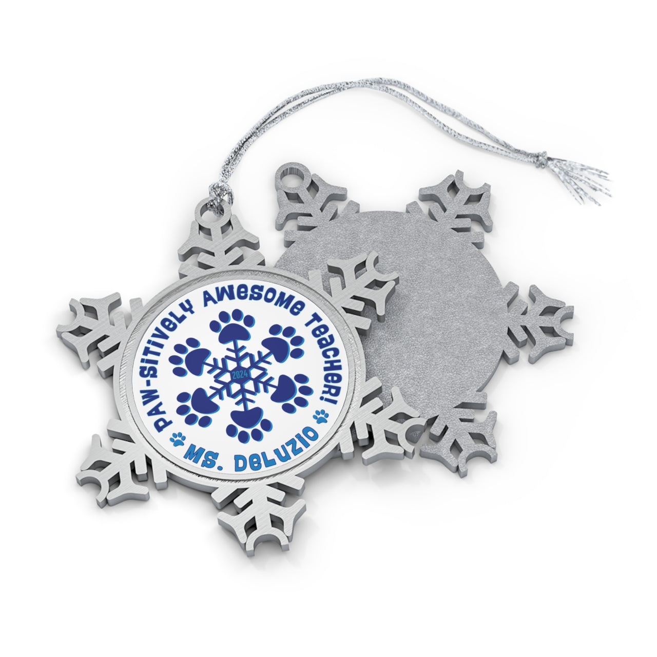 Personalized "PAW-sitively Awesome Teacher" Pewter Snowflake Ornament, Custom Paw Print Staff Appreciation Christmas Holiday Gift