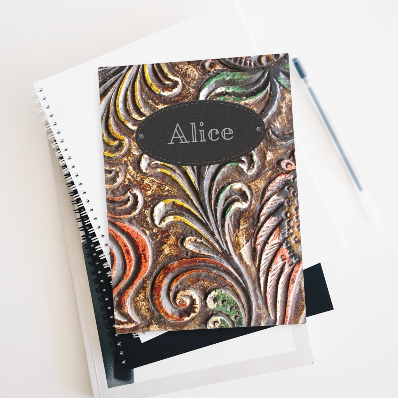 Carved Wood and Leather Name Plate All-Over-Print Hardcover Journal Matte with Lined or Blank Pages, Luxury Look Printed Cover