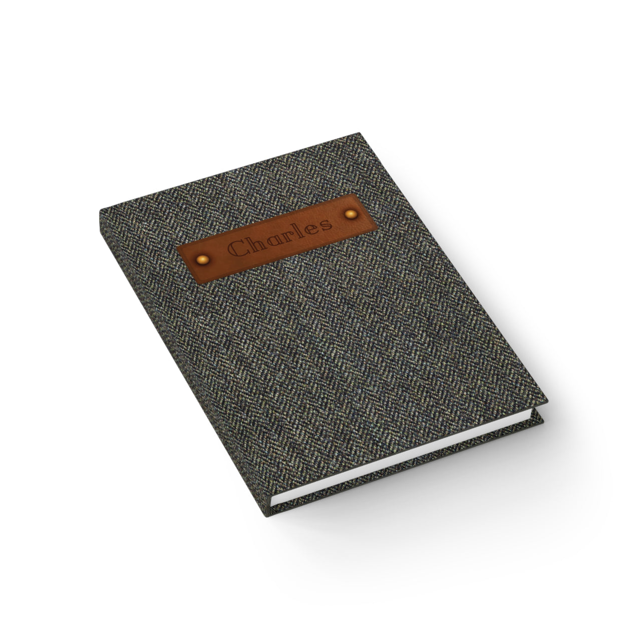 Tweed and Embossed Leather Patch All-Over-Print Hardcover Journal Matte with Lined or Blank Pages, Luxury Look Printed Cover