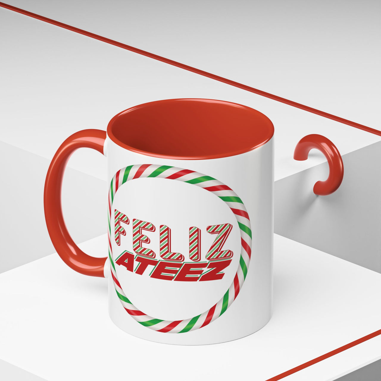 Personalized Ateez Holiday Coffee Mug, Custom "Feliz Ateez" Ceramic Red Accent Tea Mug 11, and 15oz options, KPop Christmas Atiny Fan Merch