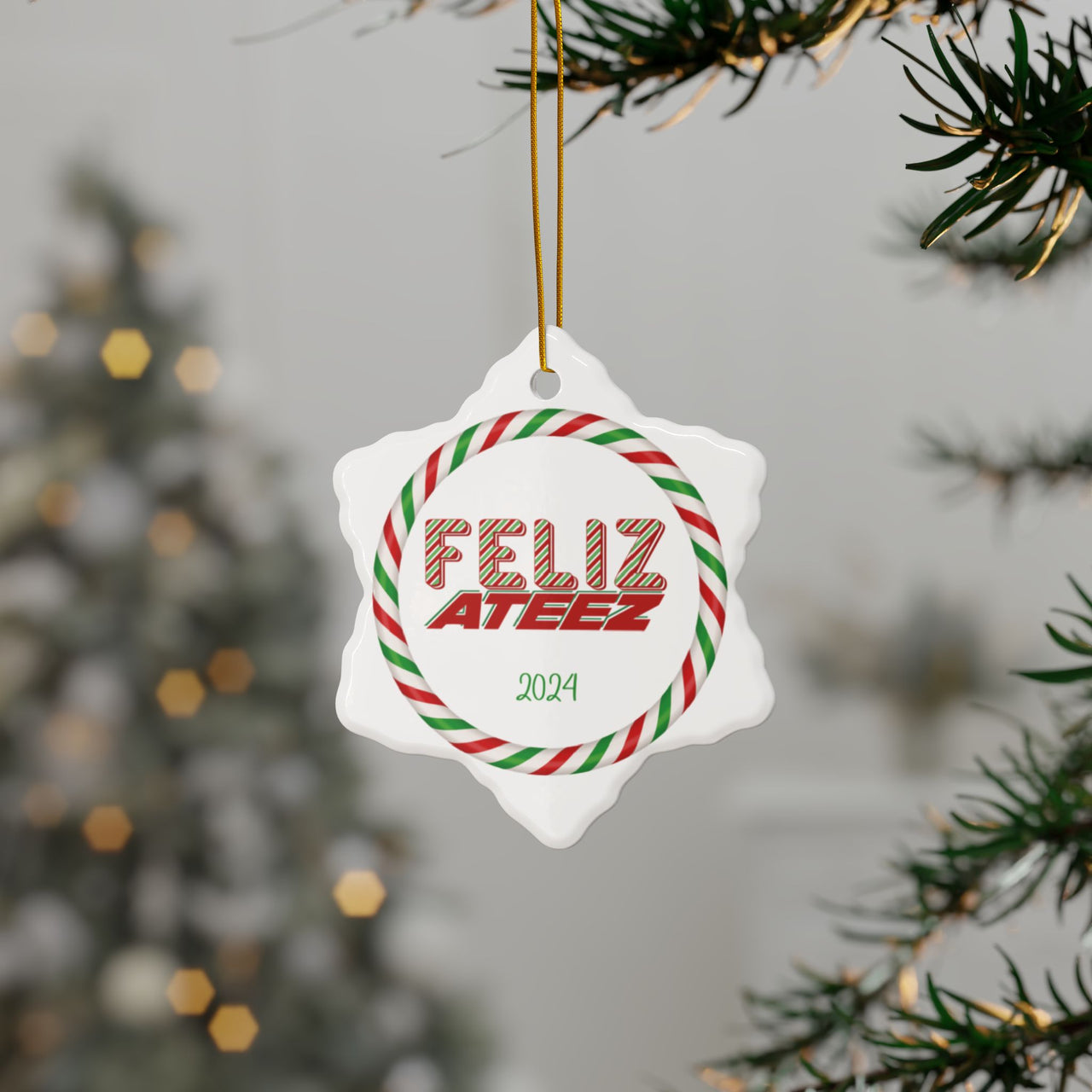 Ateez 2024 Holiday Ornament, "Feliz Ateez" Red Green White Pepperment Design Ceramic Christmas Ornament - Circle Snowflake, Atiny Merch