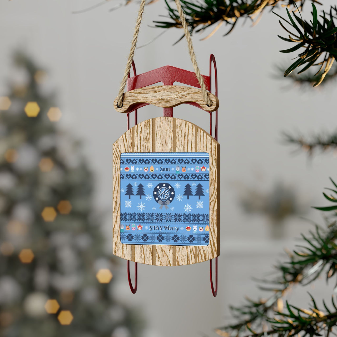 Personalized Stray Kids "STAY Merry" Sled Ornament, Custom SKZ Christmas Sweater Print Ornament