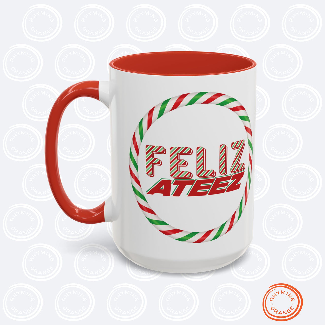 Personalized Ateez Holiday Coffee Mug, Custom "Feliz Ateez" Ceramic Red Accent Tea Mug 11, and 15oz options, KPop Christmas Atiny Fan Merch