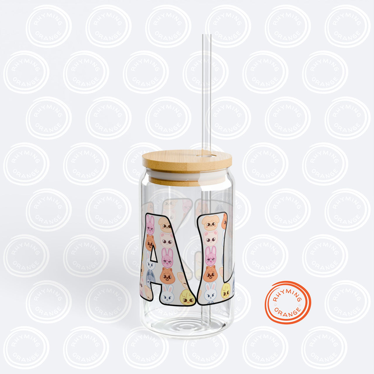 Custom Stray Kids SKZoo Letters Sipper Glass, SKZ 16oz Covered Glass with Bamboo Lid and Straw, StrayKids KPop Merch Bbokari BangChan Leebit