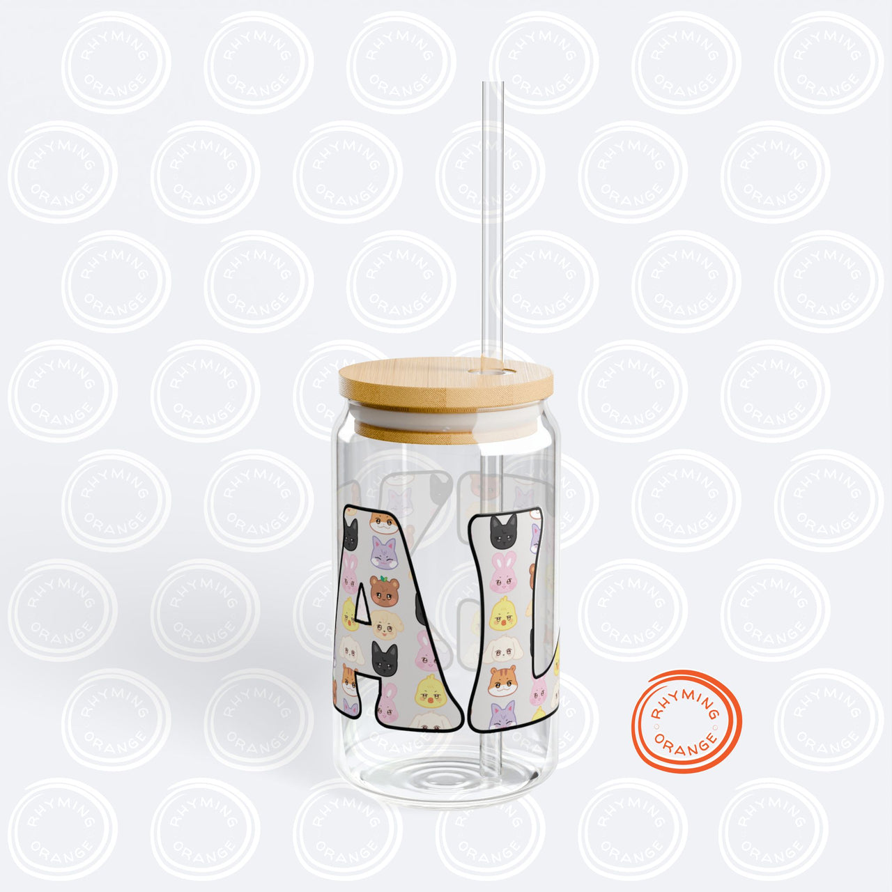 Custom Aniteez Letters Sipper Glass, Ateez Personalized 16oz Covered Glass with Bamboo Lid and Straw