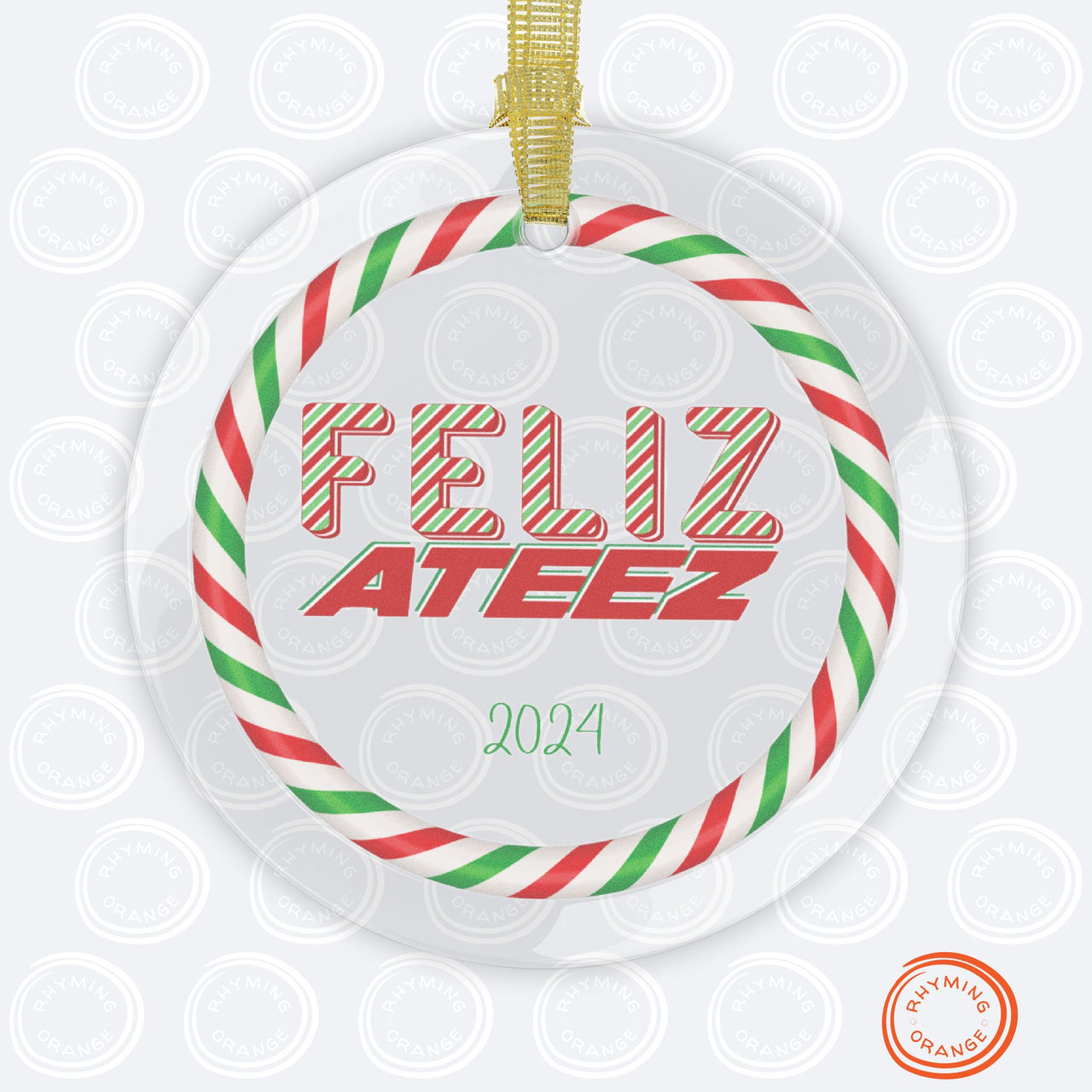 Ateez Glass 2024 Holiday Ornament, "Feliz Ateez" Red Green White Pepperment Design Christmas Ornament, Ateez Atiny Holiday Merch