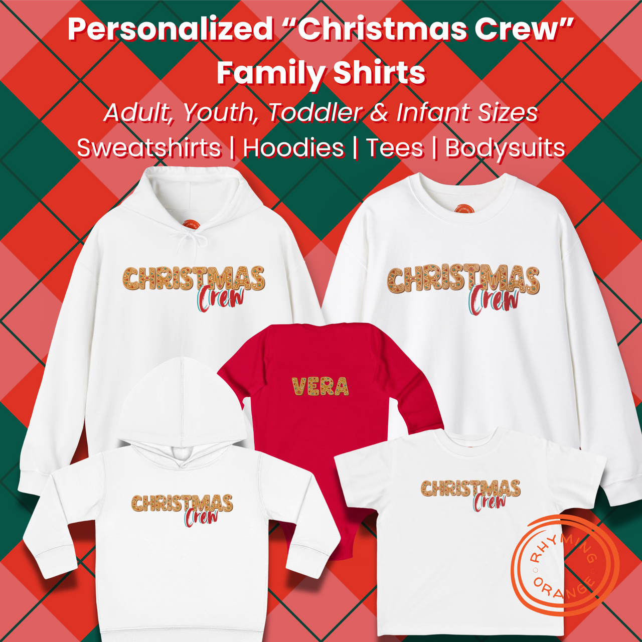 Personalized "Christmas Crew" Gingerbread Couple Shirts, Custom Holidays Hooded Sweatshirts Hoodies, Couples Matching Pajamas Outfits