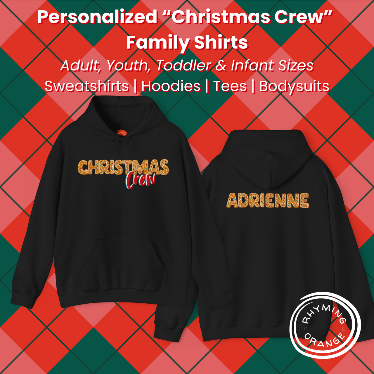 Personalized "Christmas Crew" Gingerbread Couple Shirts, Custom Holidays Hooded Sweatshirts Hoodies, Couples Matching Pajamas Outfits