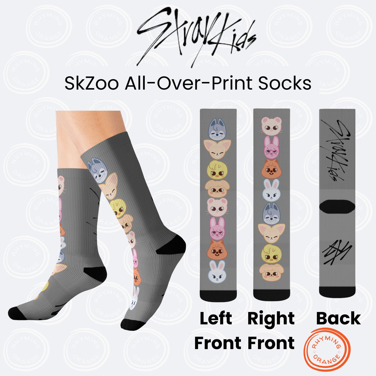 Stray Kids SKZoo Socks, Grey StrayKids Sublimation Socks, Kpop Merch, Funny SKZ Fan Clothes, BbokAri Bangchan Chanbing LeeBit