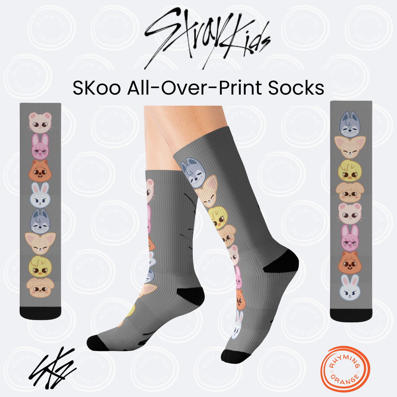 Stray Kids SKZoo Socks, Grey StrayKids Sublimation Socks, Kpop Merch, Funny SKZ Fan Clothes, BbokAri Bangchan Chanbing LeeBit