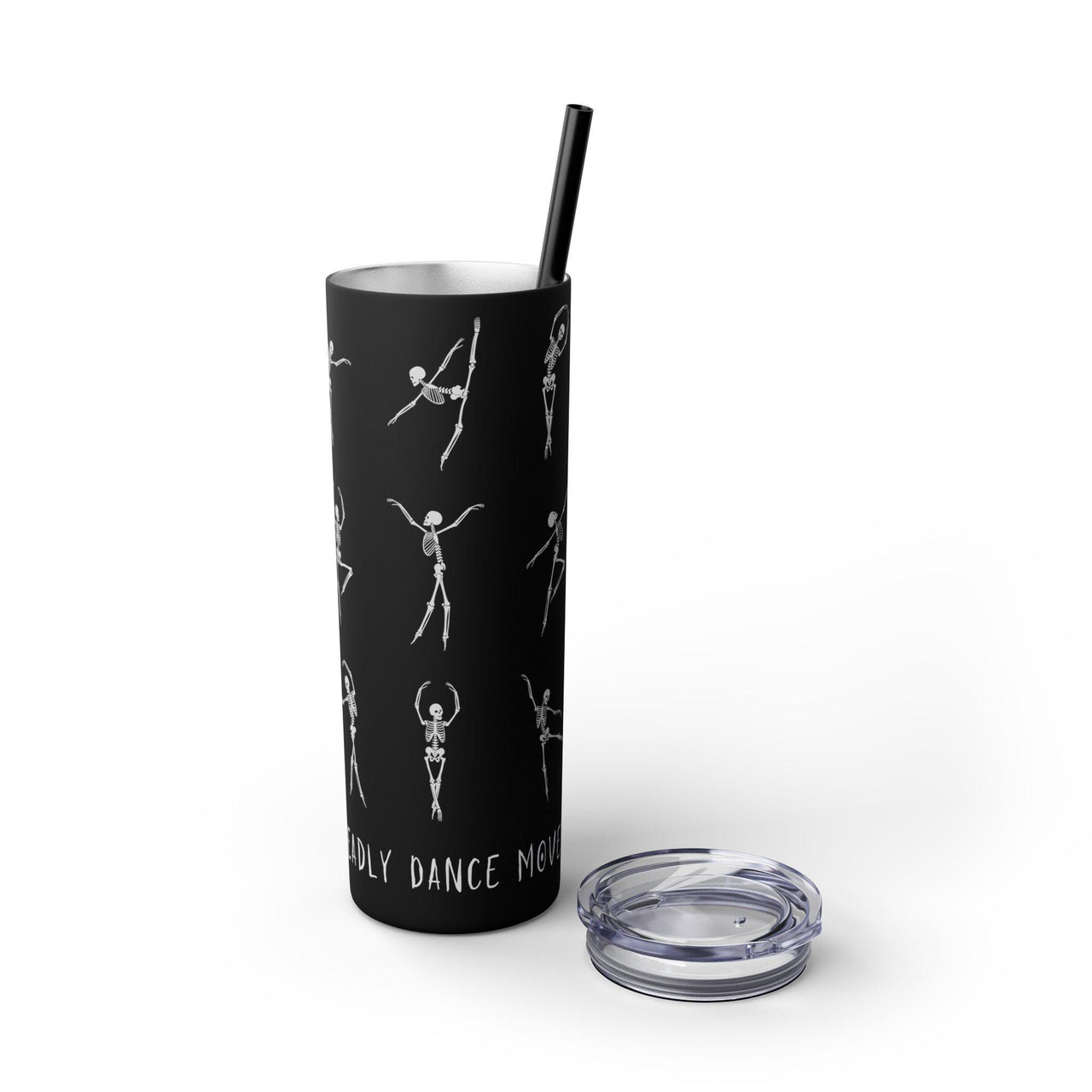 Dancing Skeleton Halloween Skinny Tumbler with Straw 20oz, skeleton ballet mug