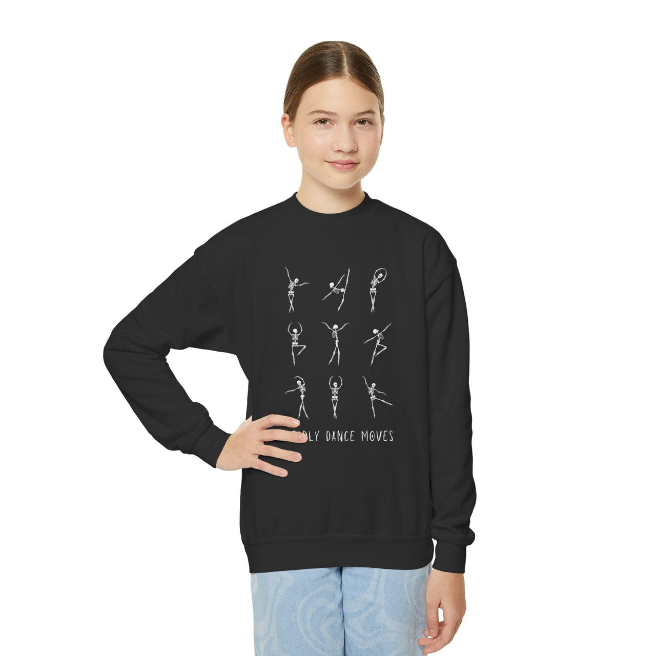 Dancing Skeleton Halloween Youth Crewneck Sweatshirt, Deadly Dance Moves, skeleton ballet shirt