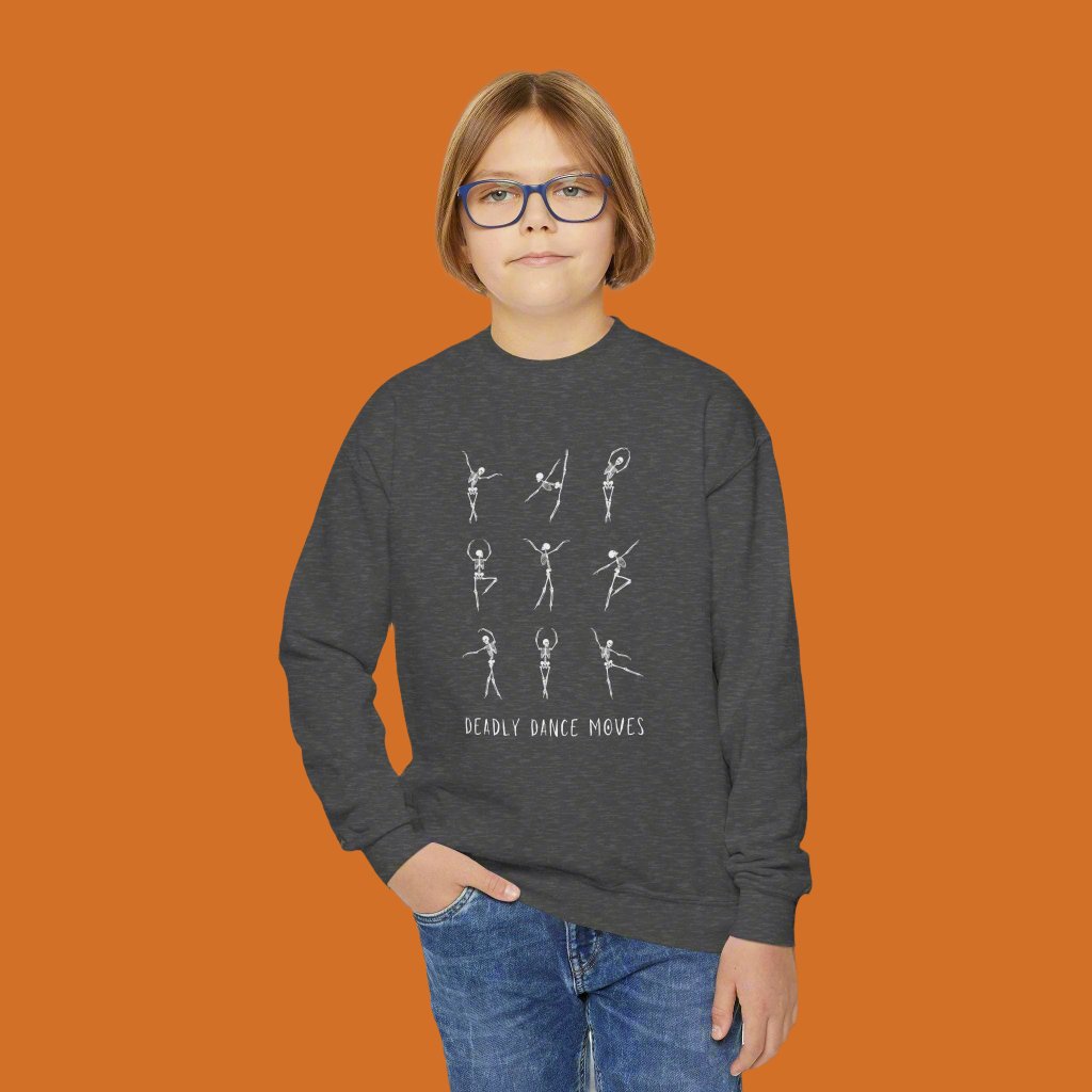 Dancing Skeleton Halloween Youth Crewneck Sweatshirt, Deadly Dance Moves, skeleton ballet shirt